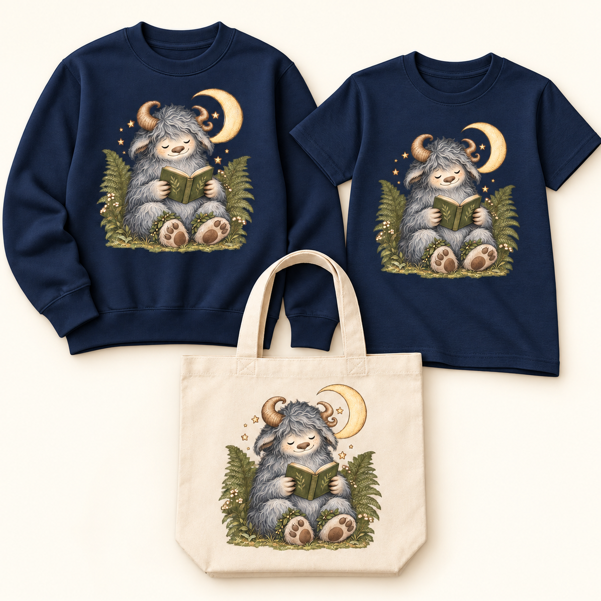 Storybook — Wild Creature Reading Beneath Crescent Moon — Navy apparel preview