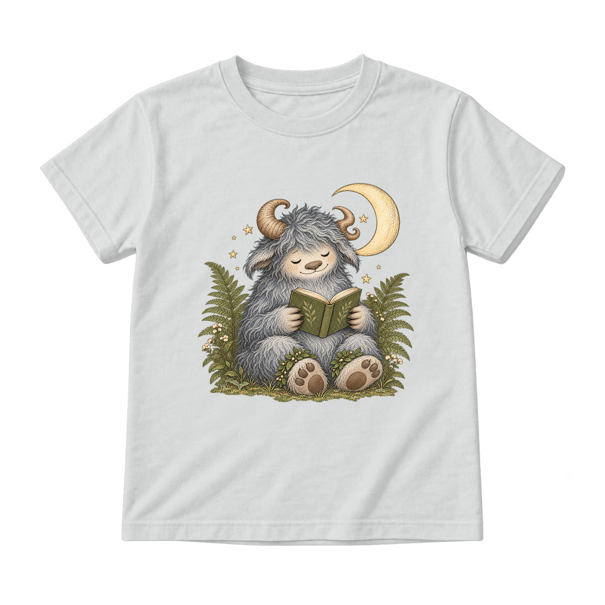 Storybook — Wild Creature Reading Beneath Crescent Moon — Youth T-Shirt / Ash
