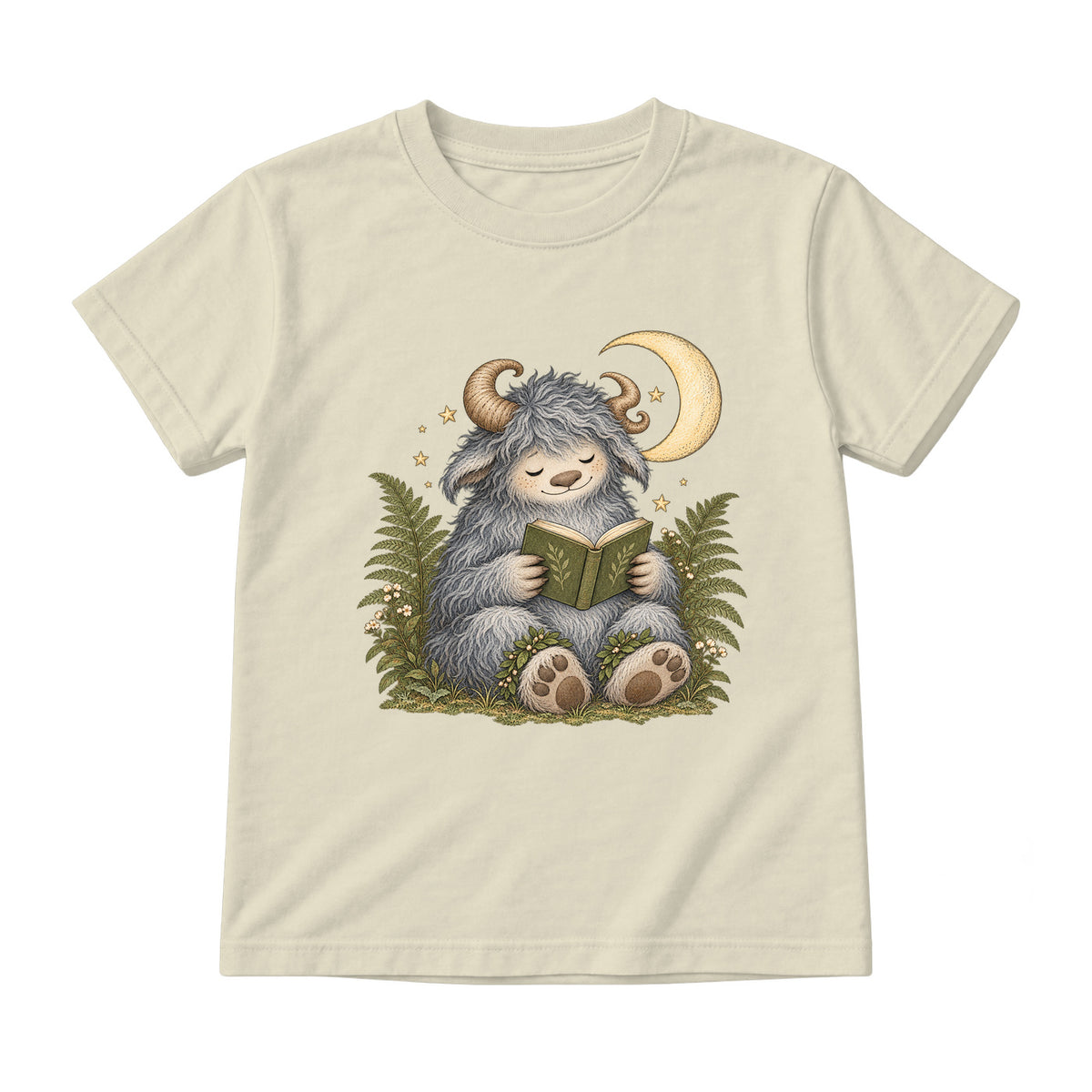 Storybook — Wild Creature Reading Beneath Crescent Moon — Youth T-Shirt / Natural