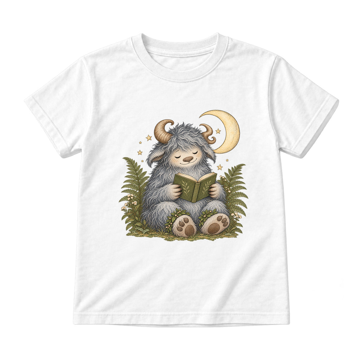 Storybook — Wild Creature Reading Beneath Crescent Moon — Youth T-Shirt / White