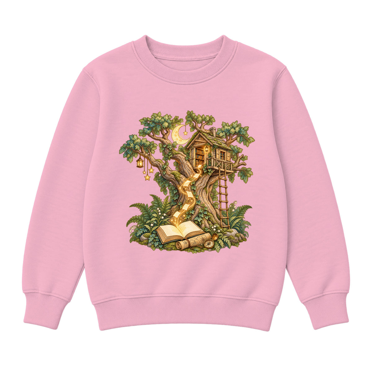 Storybook — Magical Treehouse with Golden Page Sparks — Girls' Sweatshirt / Pink