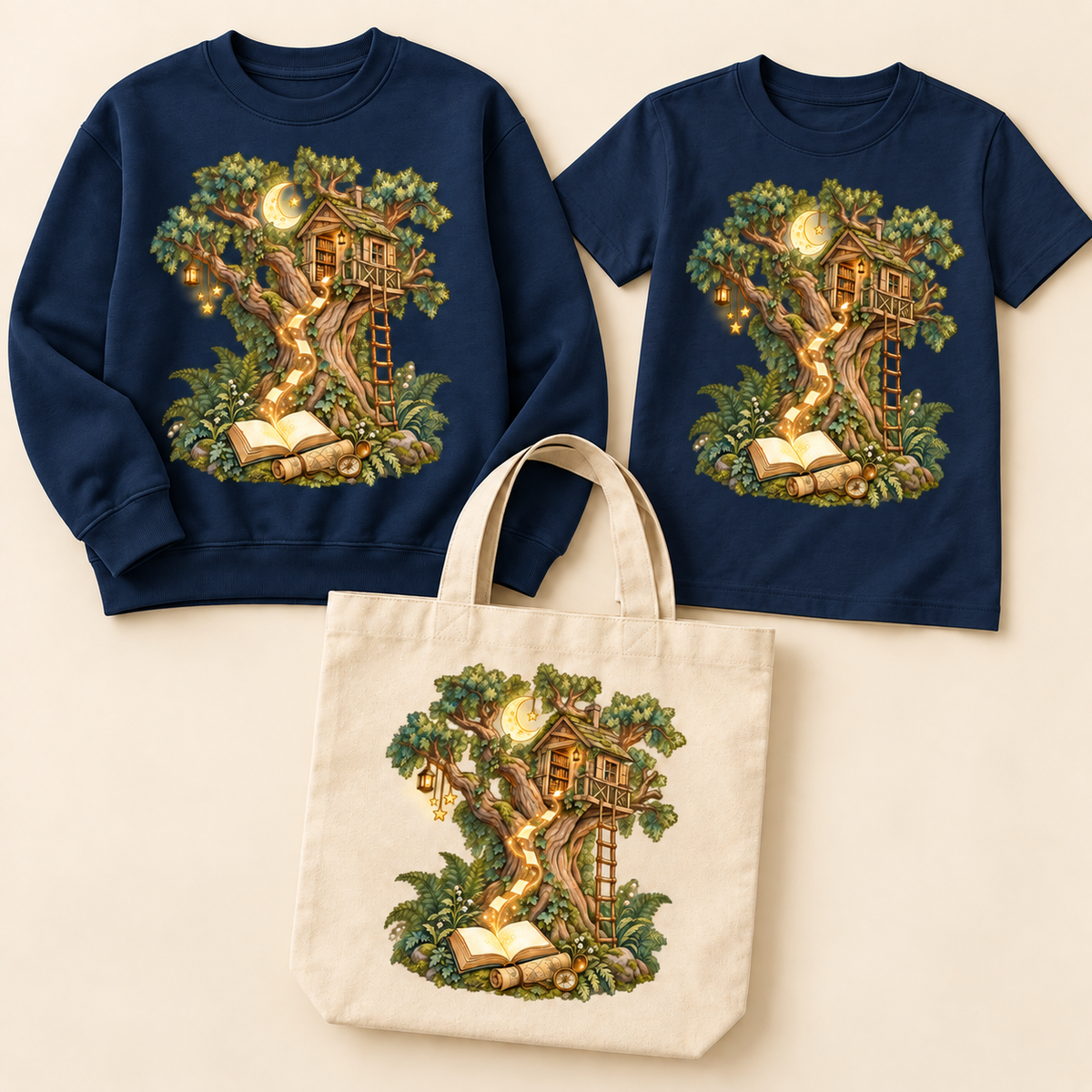 Storybook — Magical Treehouse with Golden Page Sparks — Navy apparel preview