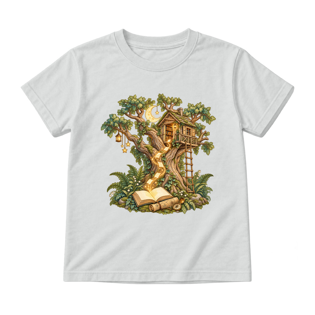 Storybook — Magical Treehouse with Golden Page Sparks — Youth T-Shirt / Ash
