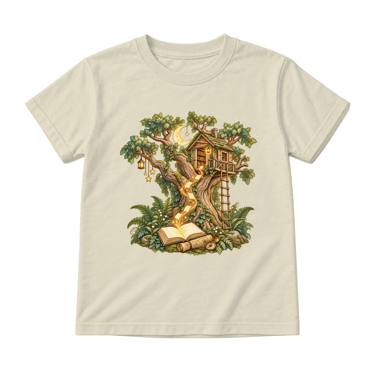Storybook — Magical Treehouse with Golden Page Sparks — Youth T-Shirt / Natural