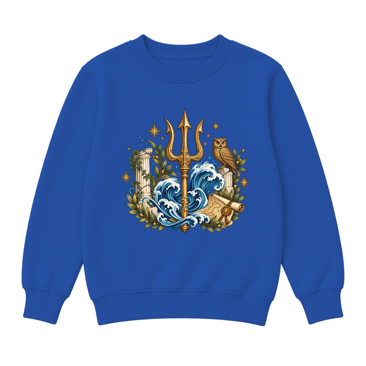 Storybook — Mythic Trident and Bronze Owl — Boys' Sweatshirt / Royal