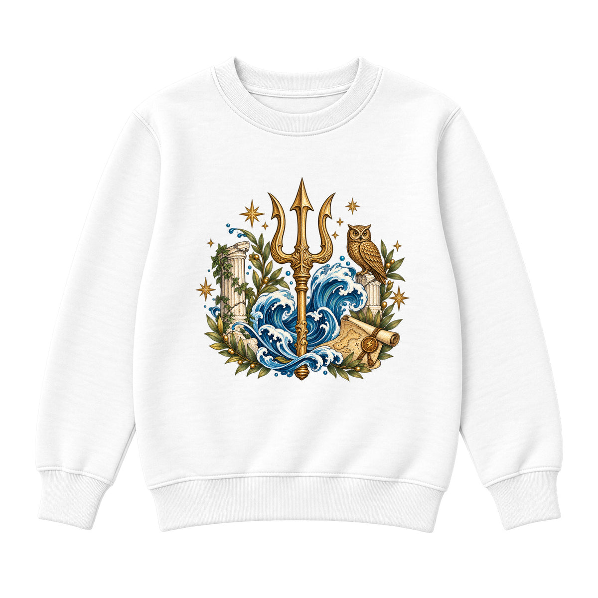 Storybook — Mythic Trident and Bronze Owl — Boys' Sweatshirt / White