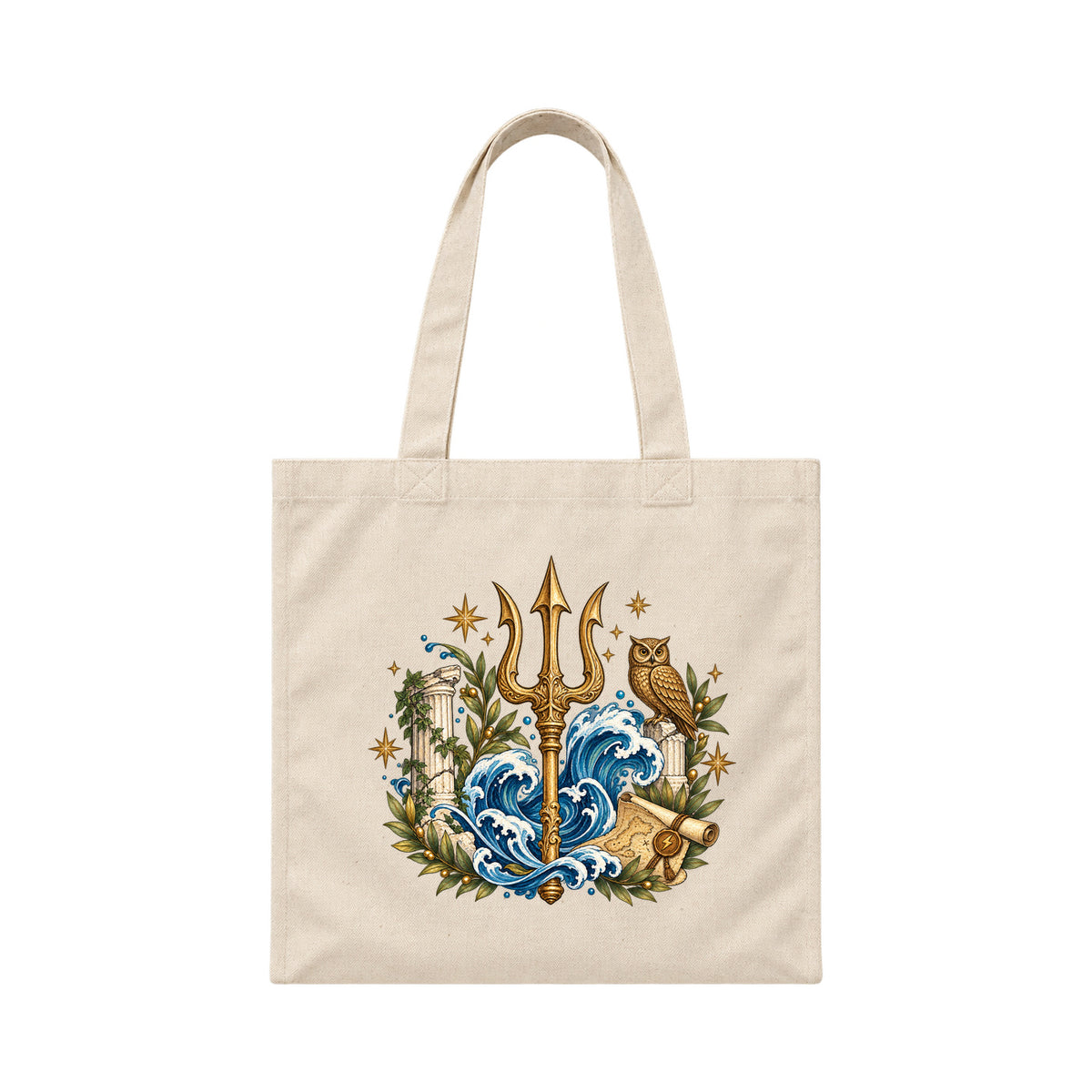 Storybook — Mythic Trident and Bronze Owl — Canvas Tote / Natural