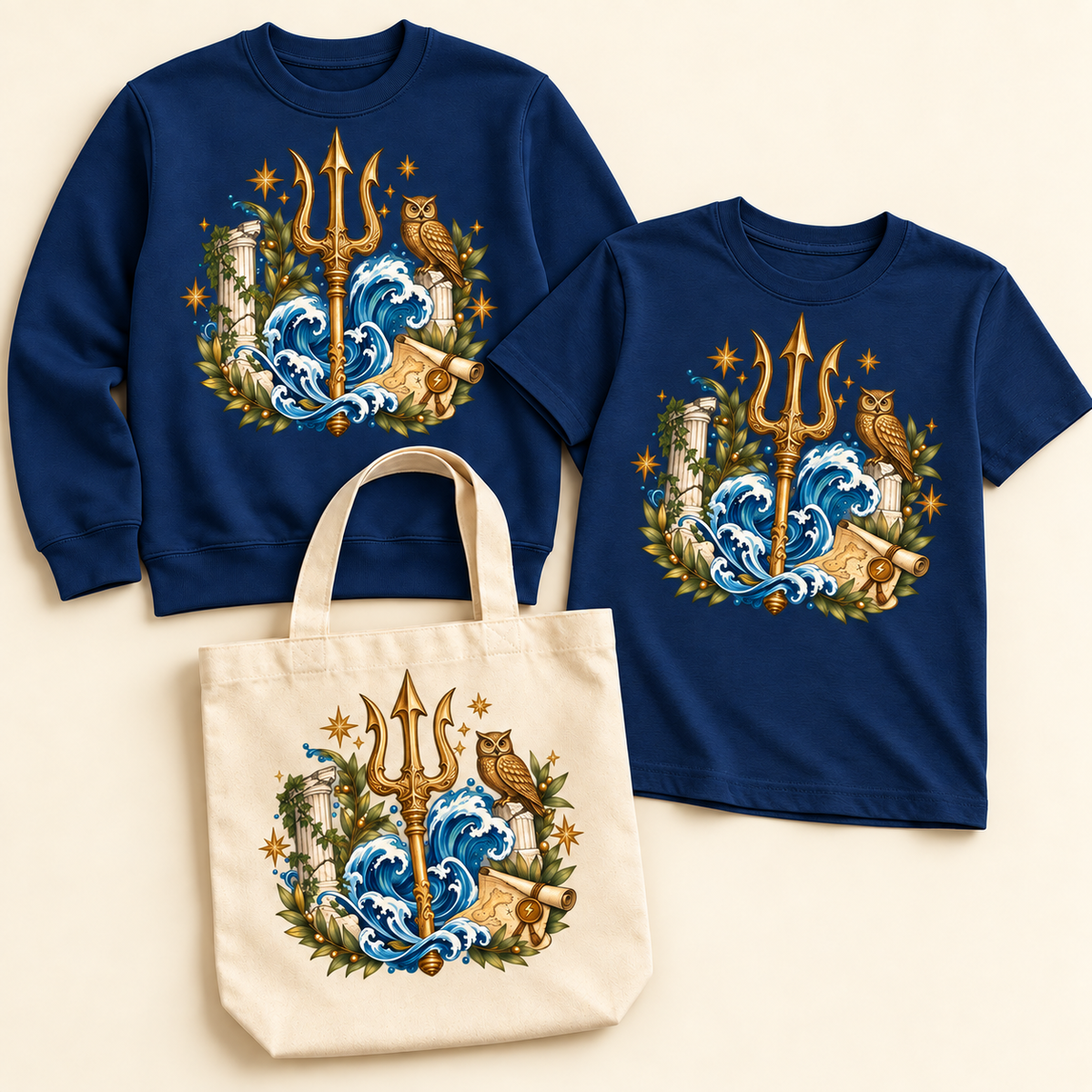 Storybook — Mythic Trident and Bronze Owl — Navy apparel preview