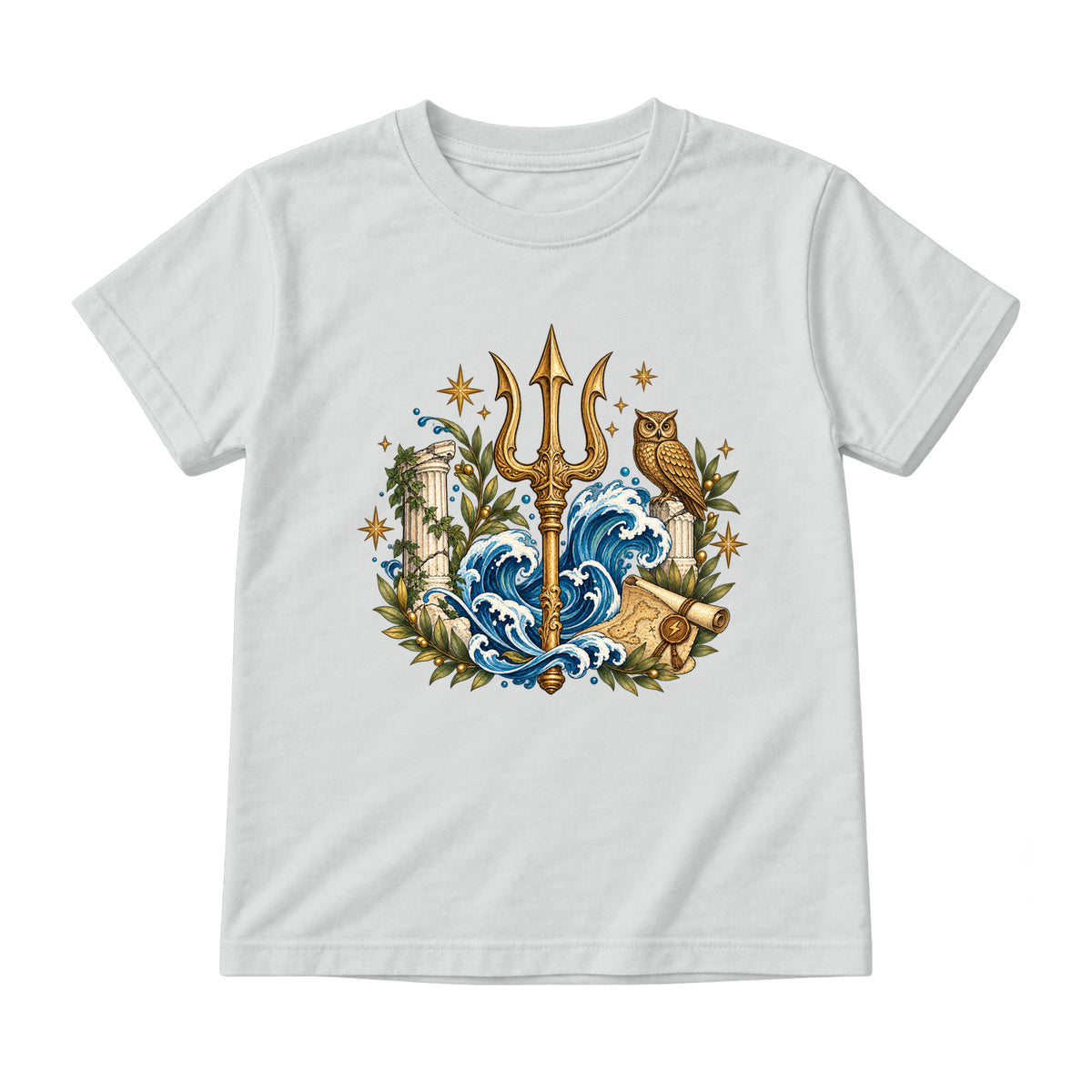 Storybook — Mythic Trident and Bronze Owl — Youth T-Shirt / Ash