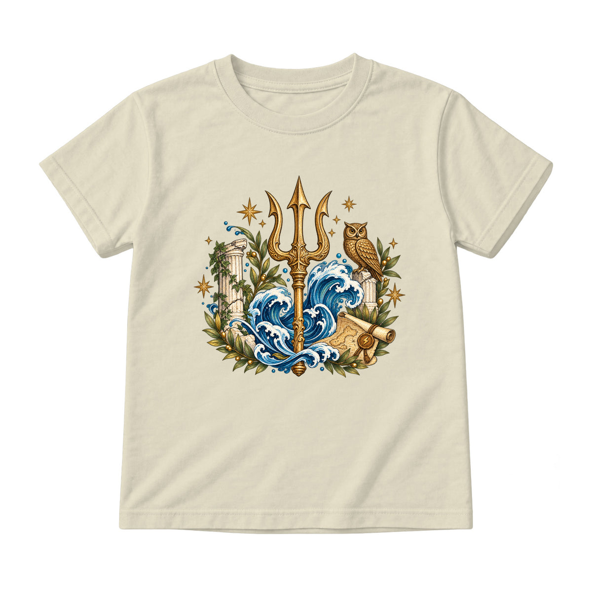 Storybook — Mythic Trident and Bronze Owl — Youth T-Shirt / Natural