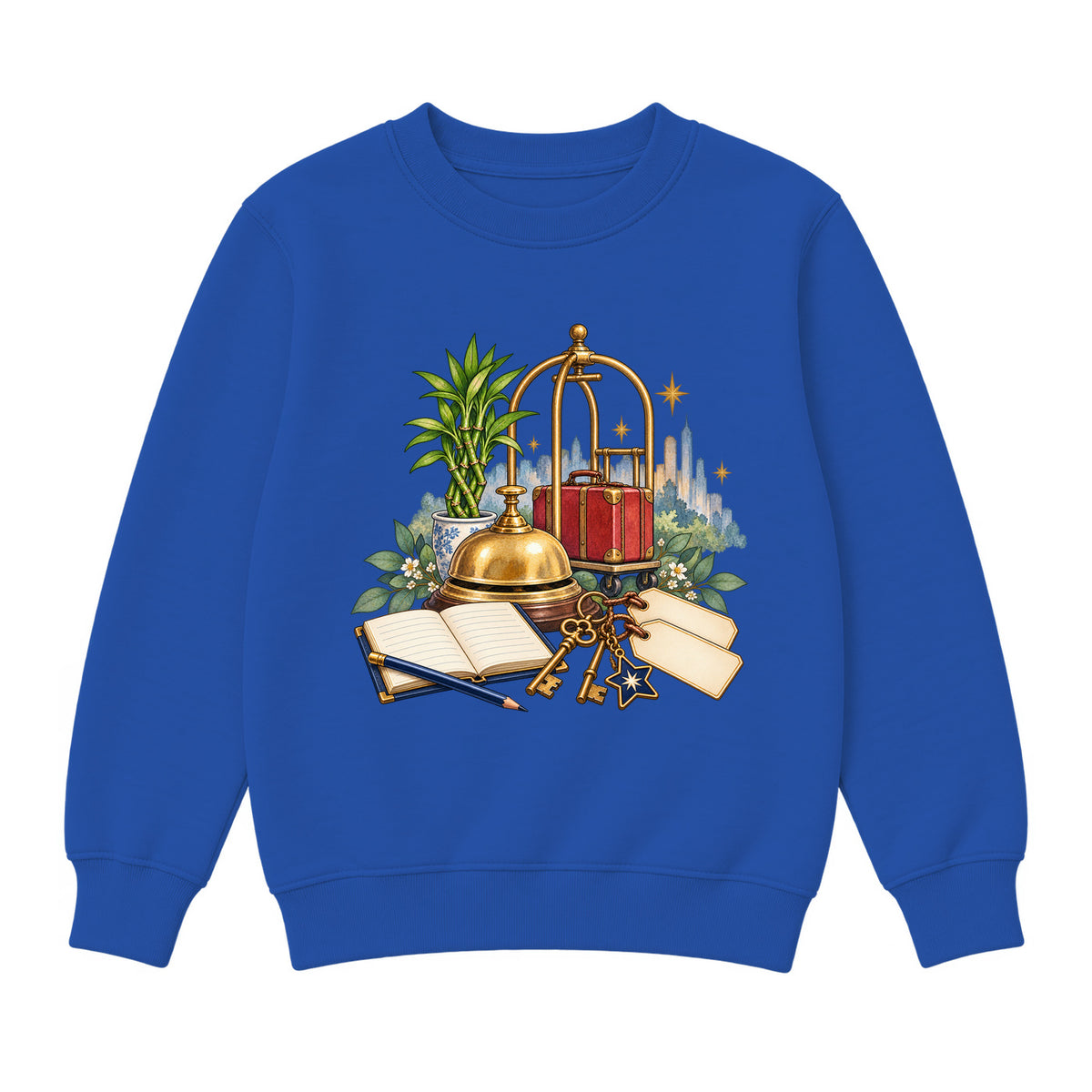 Storybook — Brass Bell, Guest Ledger, and Luggage — Boys' Sweatshirt / Royal