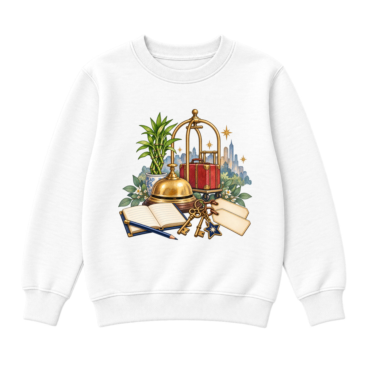 Storybook — Brass Bell, Guest Ledger, and Luggage — Boys' Sweatshirt / White