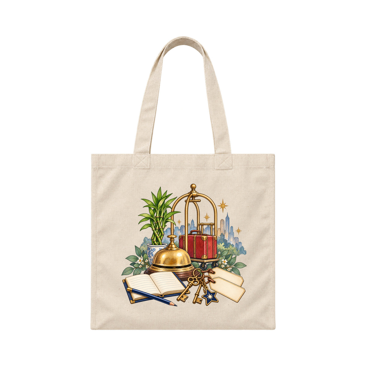 Storybook — Brass Bell, Guest Ledger, and Luggage — Canvas Tote / Natural