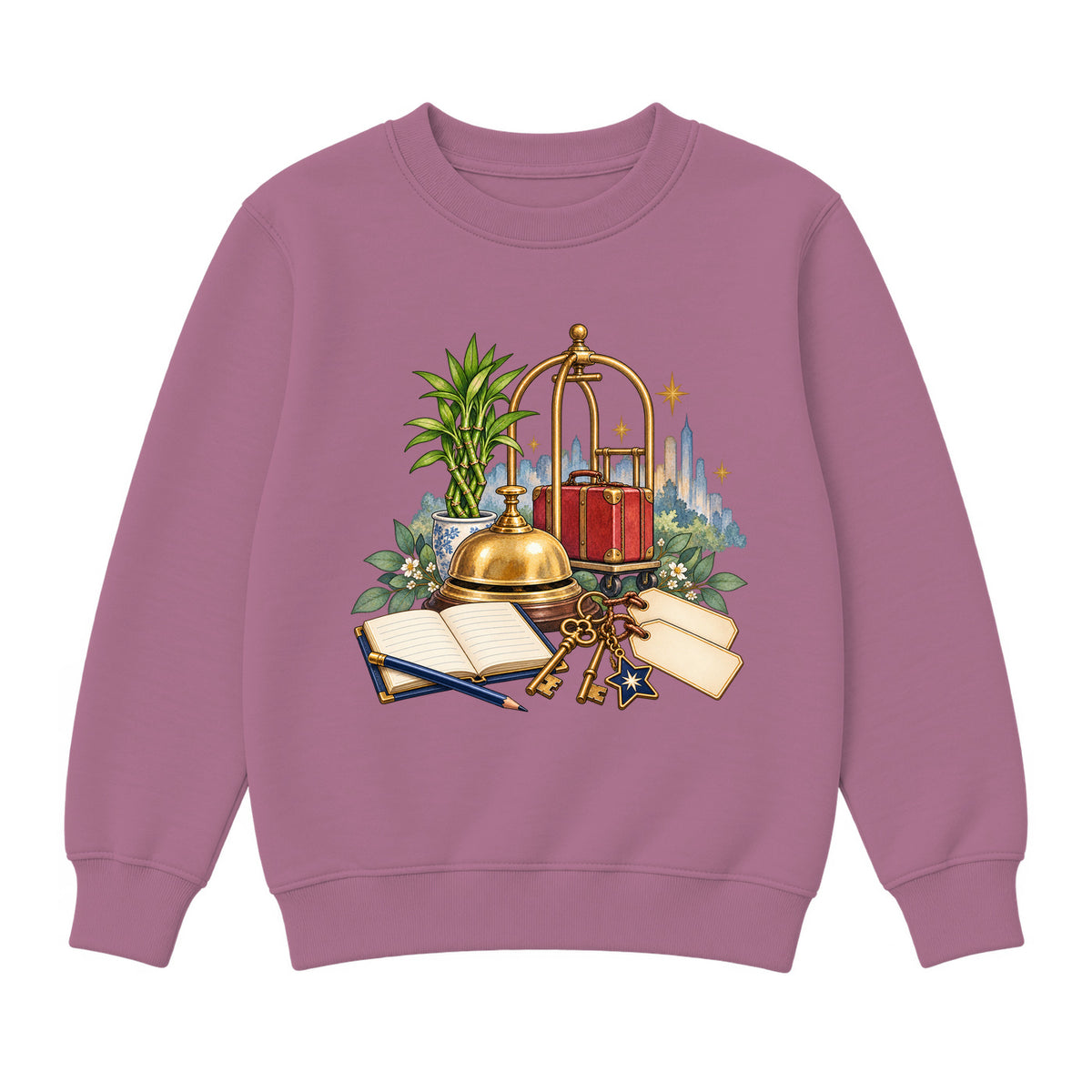 Storybook — Brass Bell, Guest Ledger, and Luggage — Girls' Sweatshirt / Mauvelous