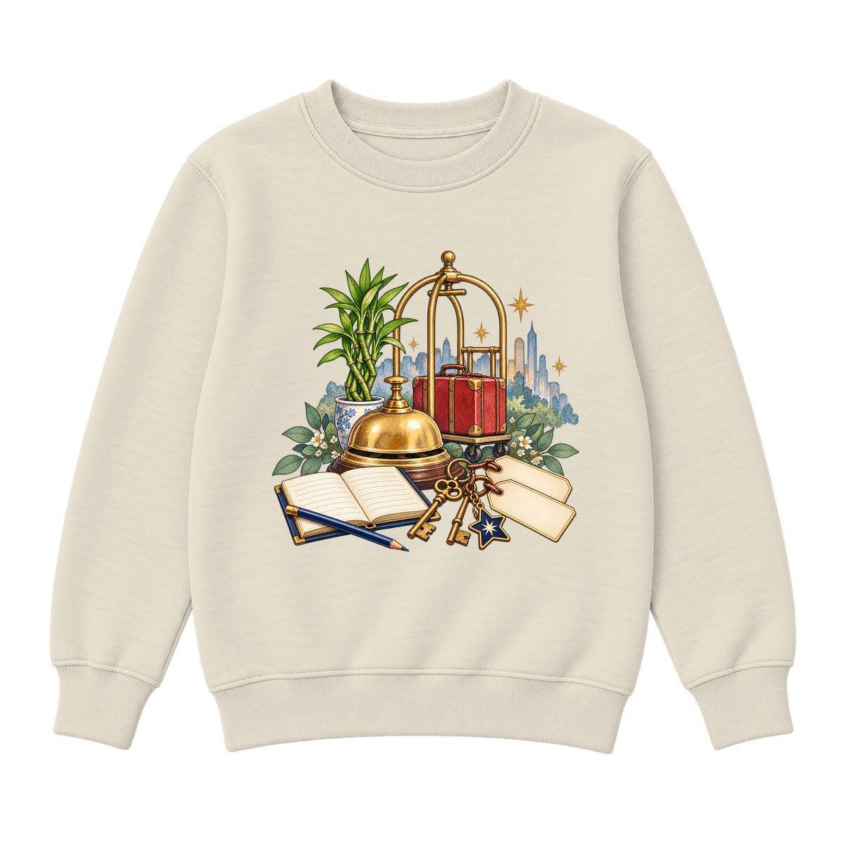 Storybook — Brass Bell, Guest Ledger, and Luggage — Girls' Sweatshirt / Natural Heather