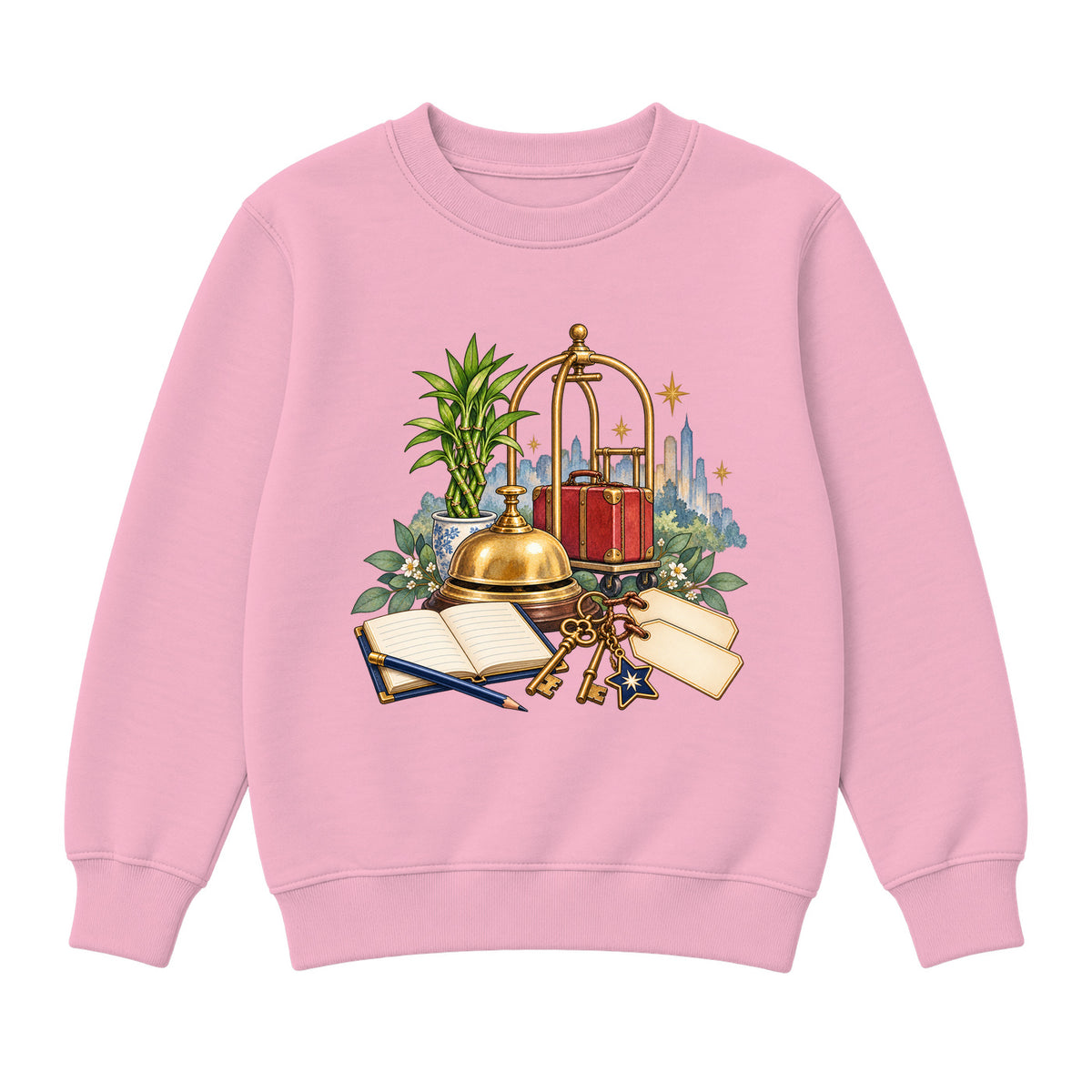 Storybook — Brass Bell, Guest Ledger, and Luggage — Girls' Sweatshirt / Pink