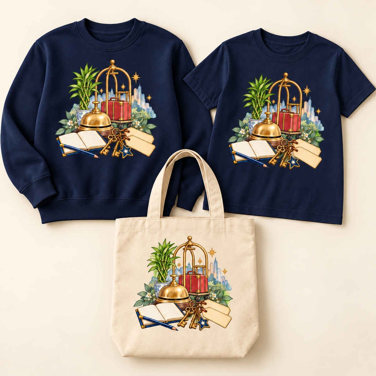 Storybook — Brass Bell, Guest Ledger, and Luggage — Navy apparel preview