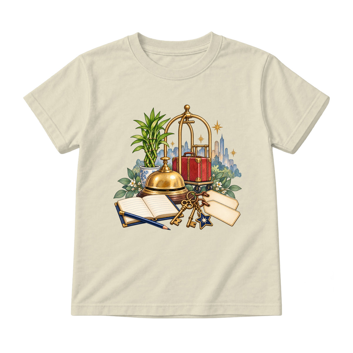 Storybook — Brass Bell, Guest Ledger, and Luggage — Youth T-Shirt / Natural