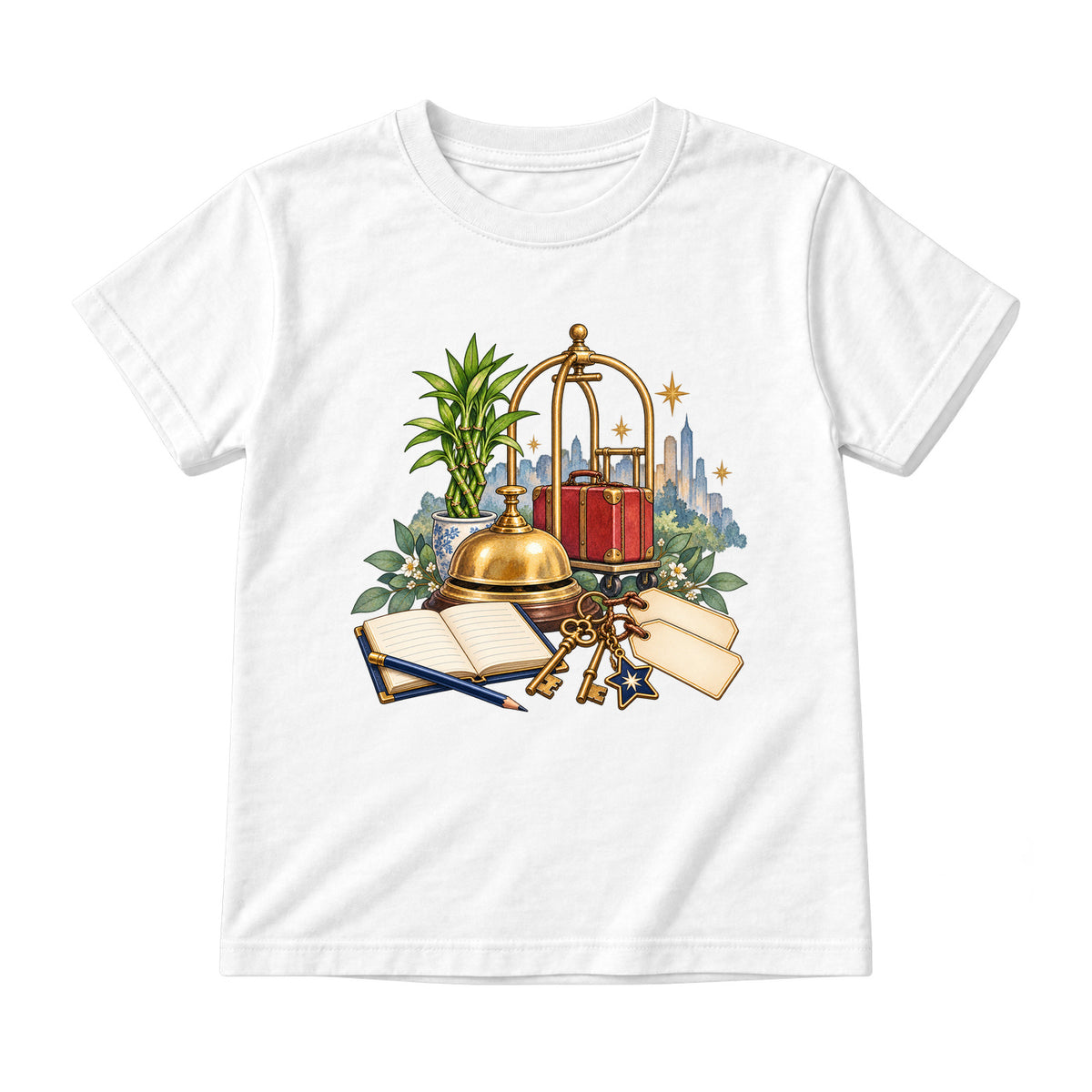 Storybook — Brass Bell, Guest Ledger, and Luggage — Youth T-Shirt / White