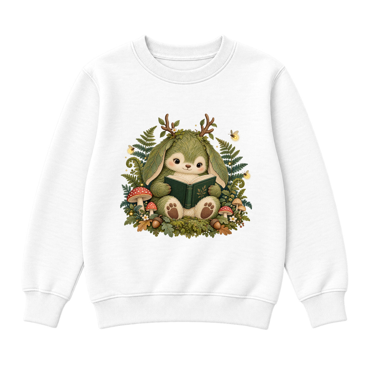 Storybook — Mossy Woodland Reader Under Ferns — Boys' Sweatshirt / White
