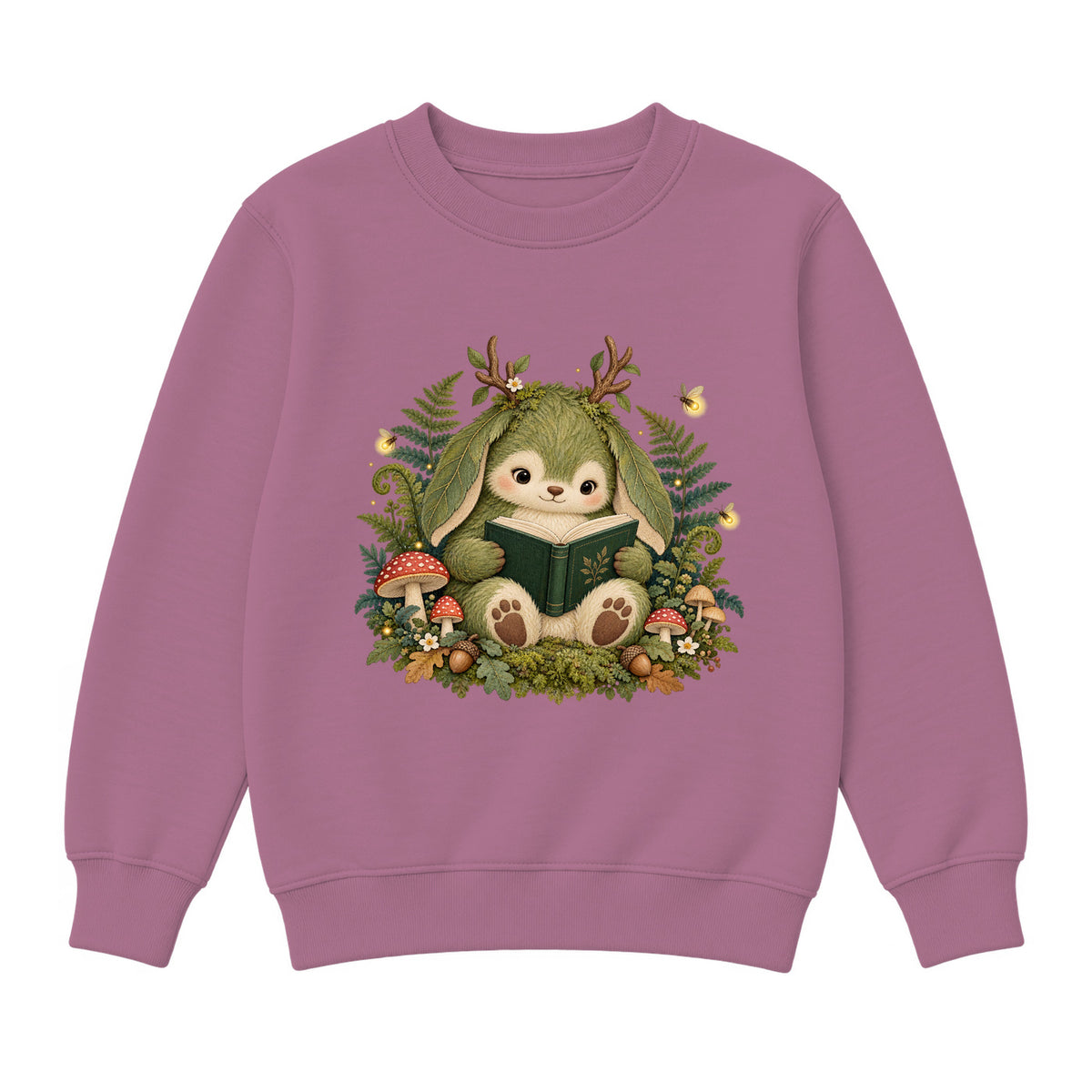 Storybook — Mossy Woodland Reader Under Ferns — Girls' Sweatshirt / Mauvelous