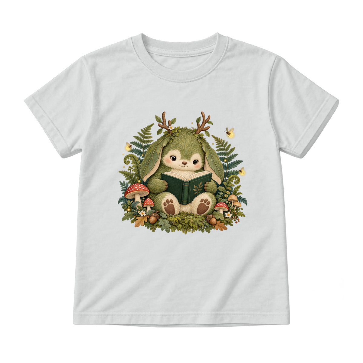 Storybook — Mossy Woodland Reader Under Ferns — Youth T-Shirt / Ash