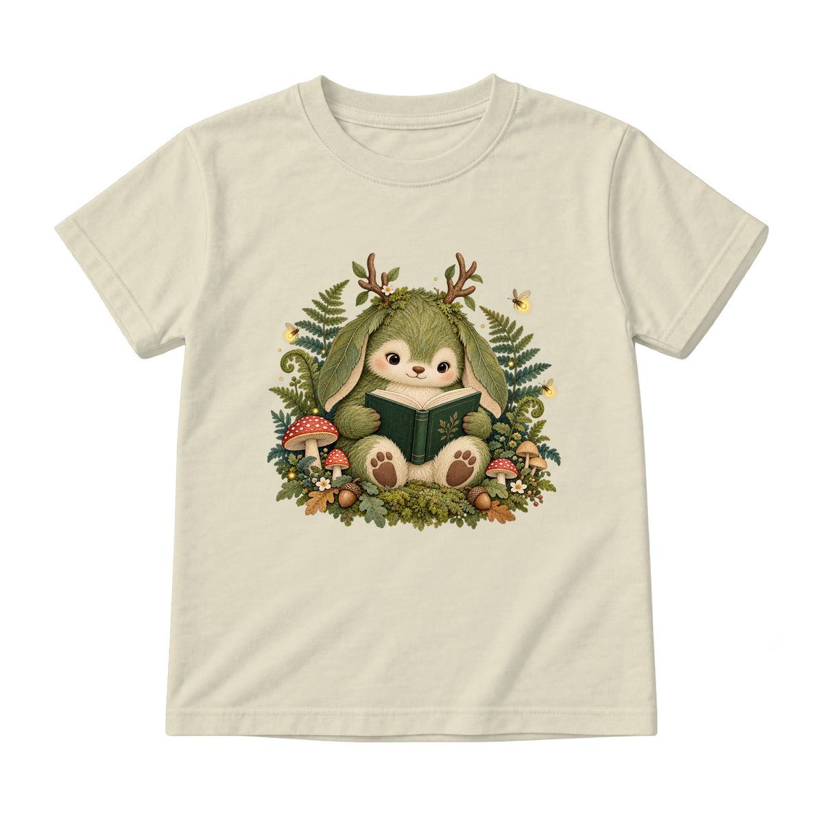 Storybook — Mossy Woodland Reader Under Ferns — Youth T-Shirt / Natural