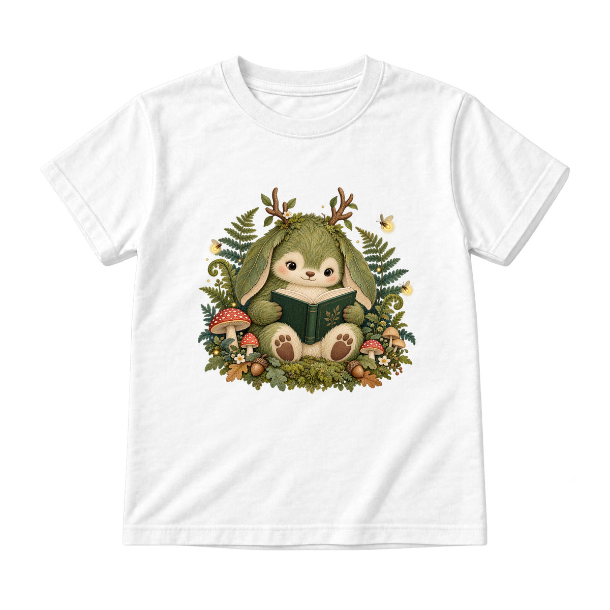 Storybook — Mossy Woodland Reader Under Ferns — Youth T-Shirt / White
