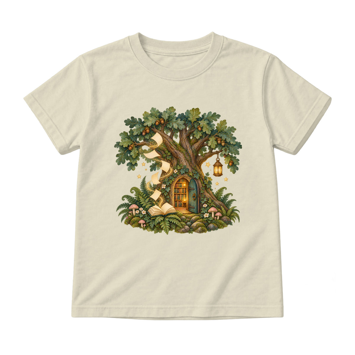 Storybook — Enchanted Oak Woodland Library — Youth T-Shirt / Natural