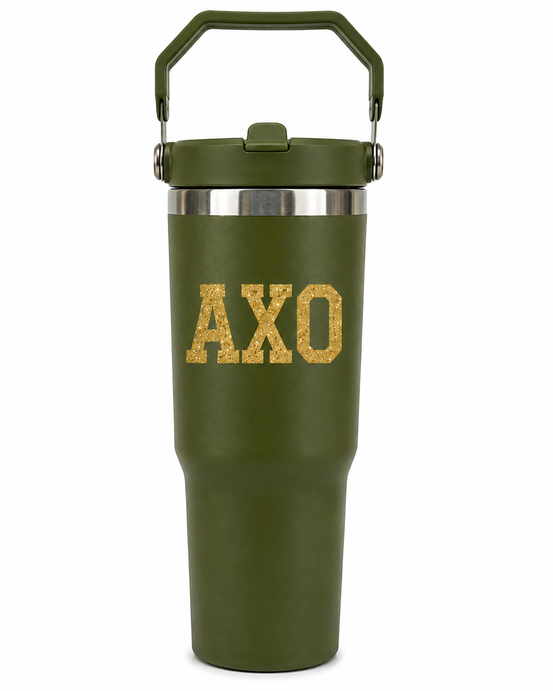 Alpha Chi Omega Tumbler Water Bottle An olive green insulated travel tumbler with a matching carrying handle lid, featuring the letters 'AXO' in a textured gold font on the front, set against a plain white background.