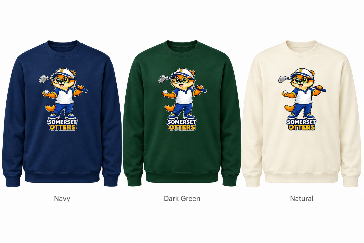 Somerset Avenir Golf A Crewneck Sweatshirt generated garment mockups in Navy, Dark Green and Natural.