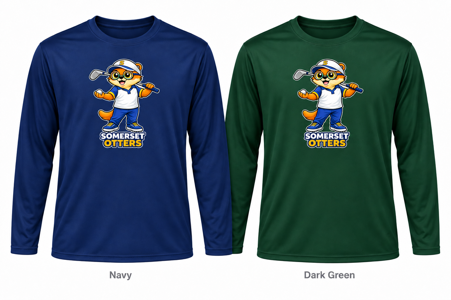 Somerset Avenir Golf A Long Sleeve Performance T-Shirt generated garment mockups in Navy and Dark Green; Dark Green is adult only.