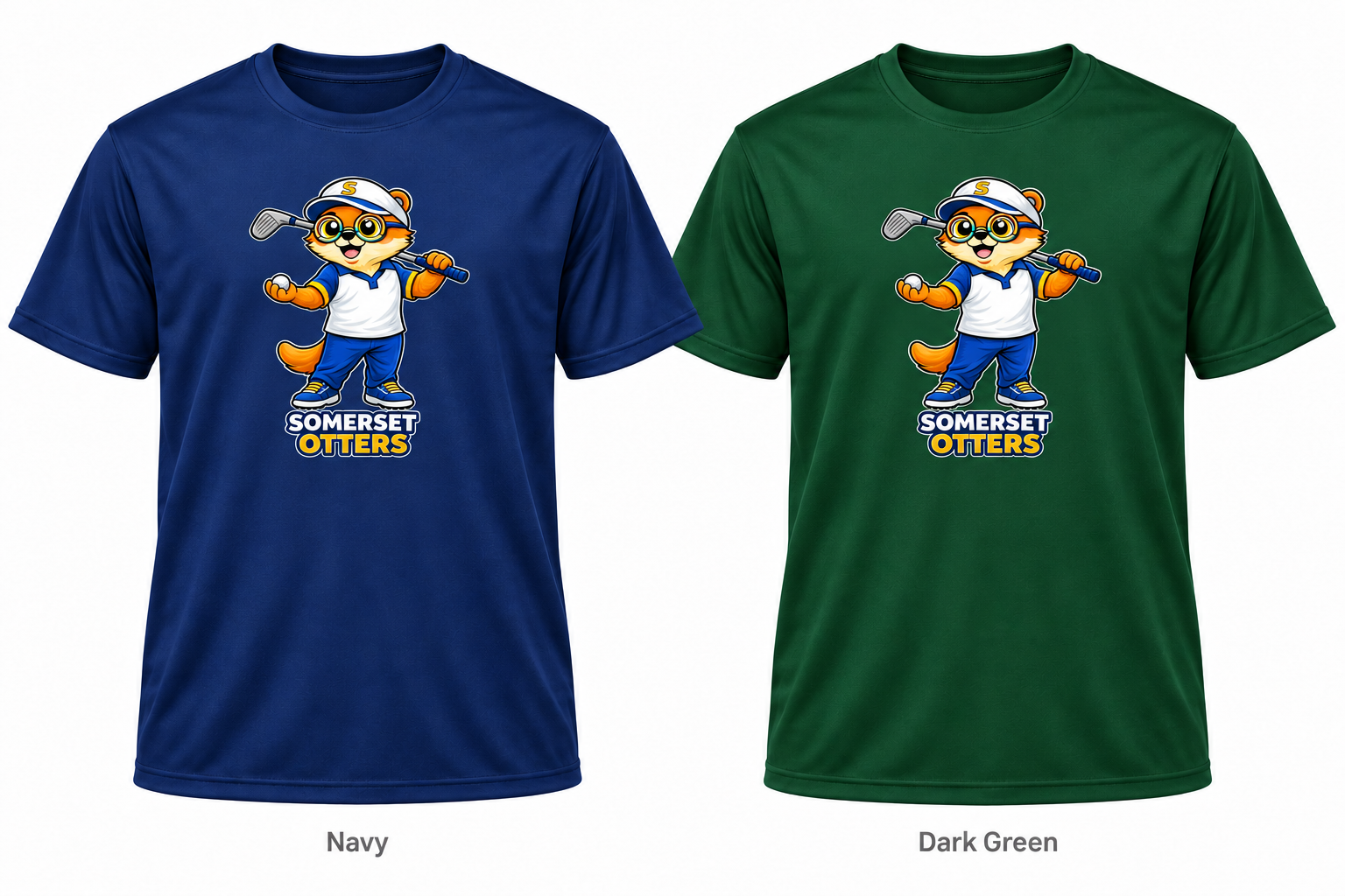 Somerset Avenir Golf A Short Sleeve Performance T-Shirt generated garment mockups in Navy and Dark Green.