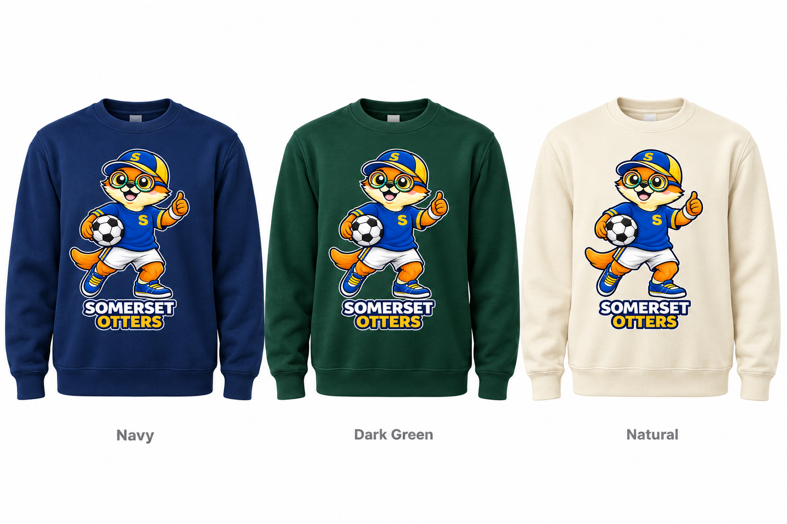 Somerset Avenir Soccer Crewneck Sweatshirt generated garment mockups in Navy, Dark Green and Natural.