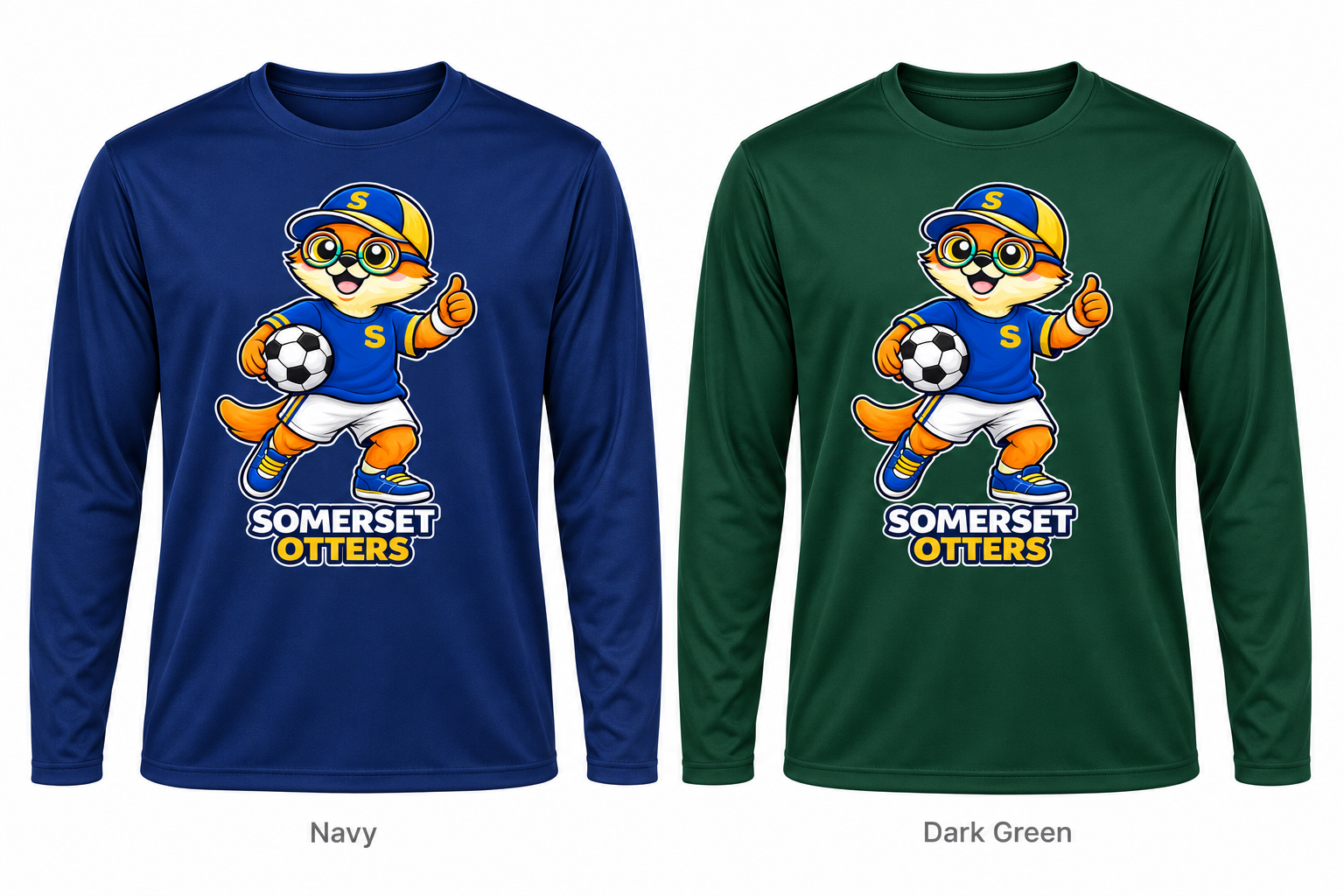 Somerset Avenir Soccer Long Sleeve Performance T-Shirt generated garment mockups in Navy and Dark Green; Dark Green is adult only.