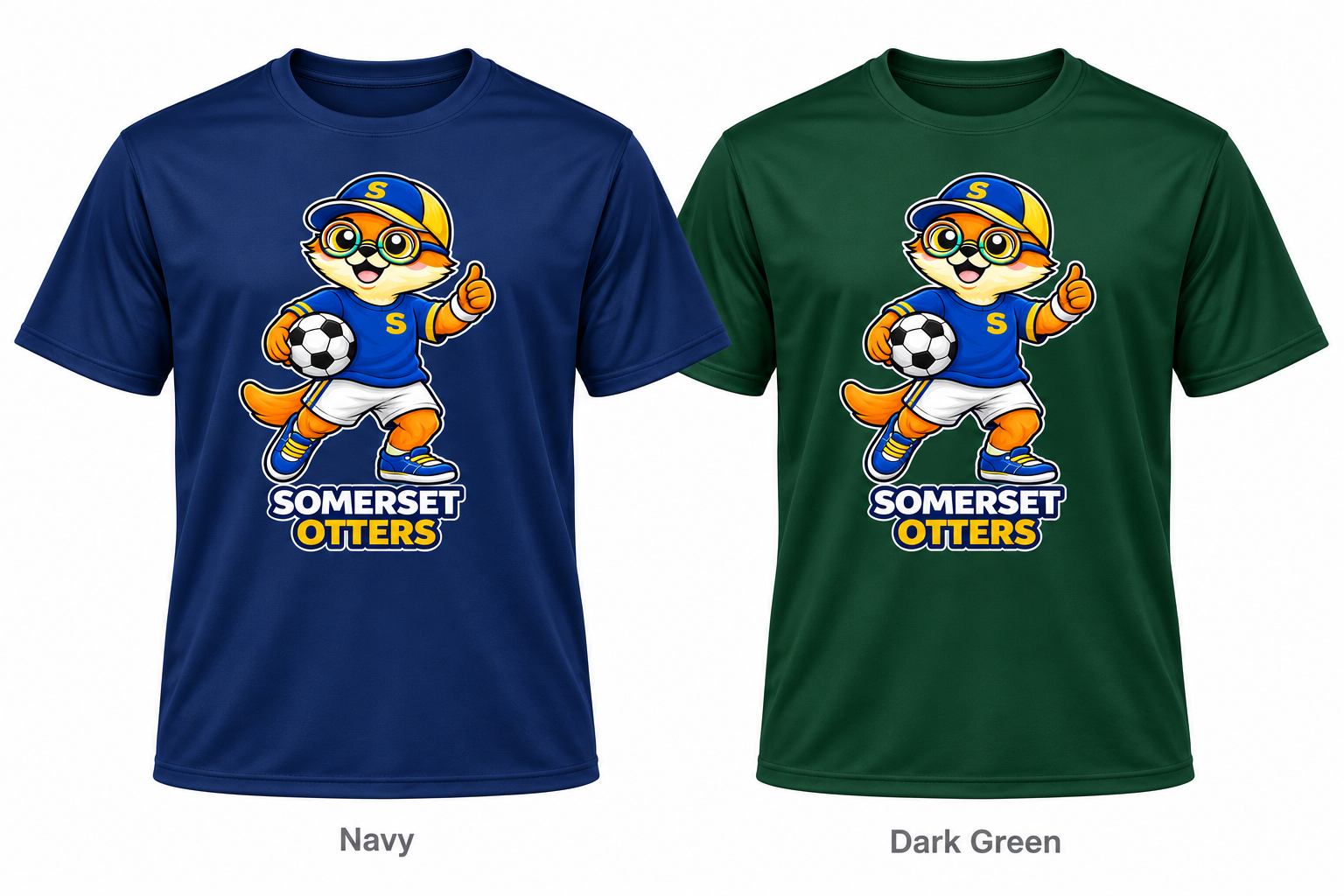 Somerset Avenir Soccer Short Sleeve Performance T-Shirt generated garment mockups in Navy and Dark Green.