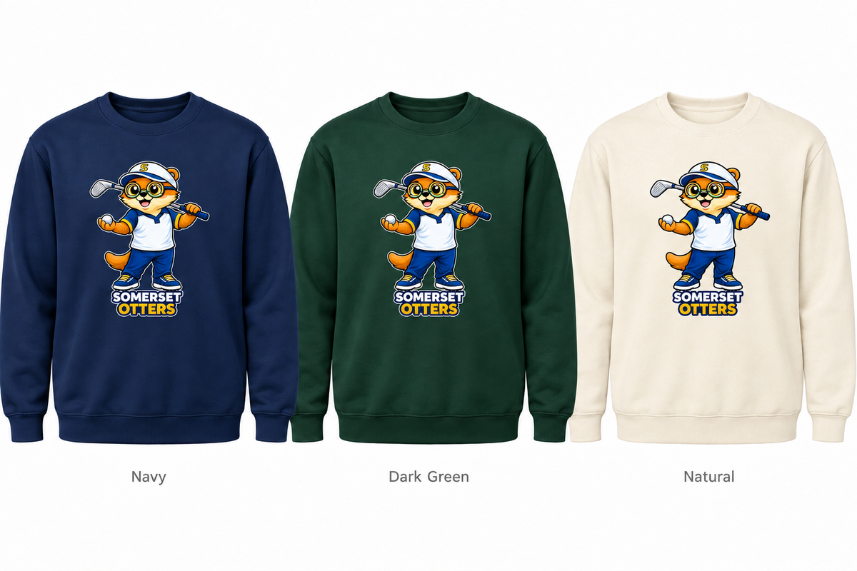 Somerset Avenir Golf B Crewneck Sweatshirt generated garment mockups in Navy, Dark Green and Natural.