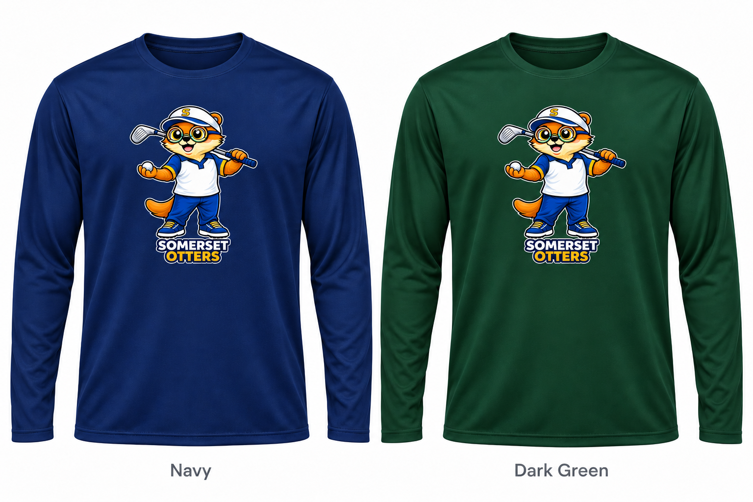 Somerset Avenir Golf B Long Sleeve Performance T-Shirt generated garment mockups in Navy and Dark Green; Dark Green is adult only.