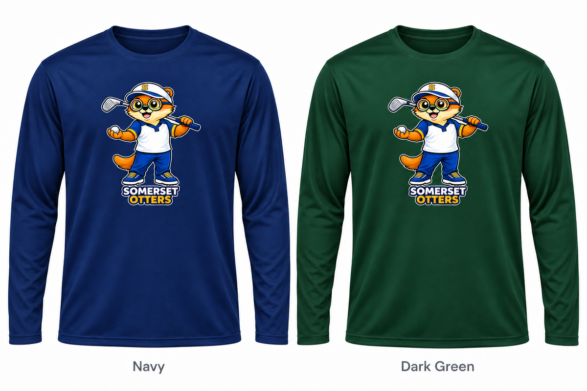 Somerset Avenir Golf B Long Sleeve Performance T-Shirt generated garment mockups in Navy and Dark Green; Dark Green is adult only.