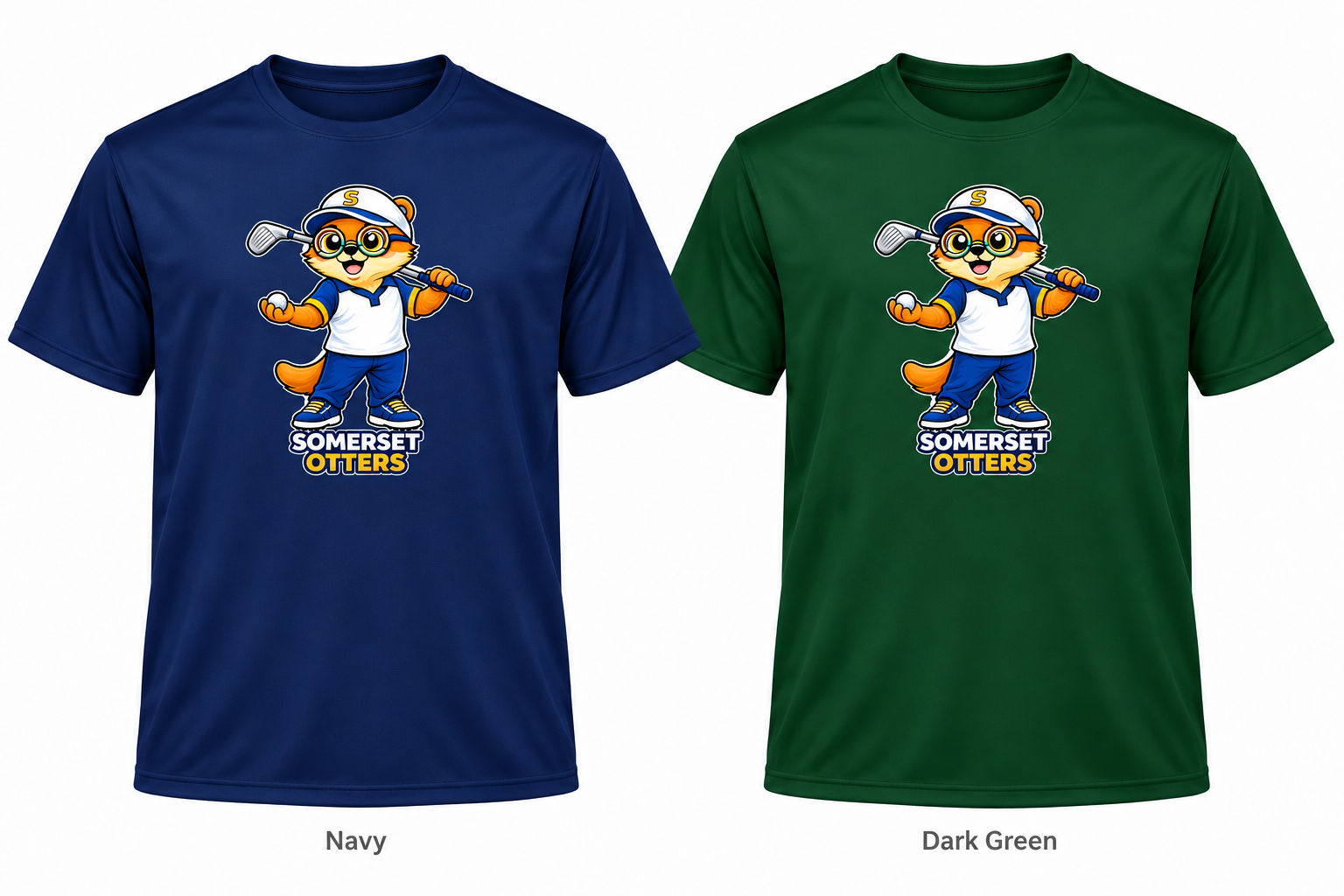Somerset Avenir Golf B Short Sleeve Performance T-Shirt generated garment mockups in Navy and Dark Green.
