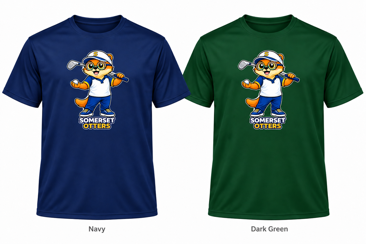 Somerset Avenir Golf B Short Sleeve Performance T-Shirt generated garment mockups in Navy and Dark Green.