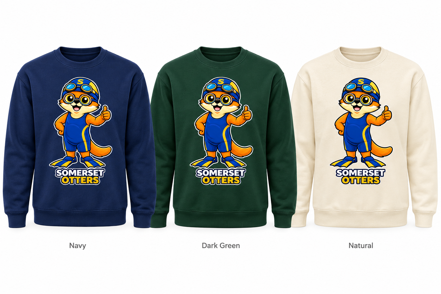 Somerset Avenir Swimming Crewneck Sweatshirt generated garment mockups in Navy, Dark Green and Natural.