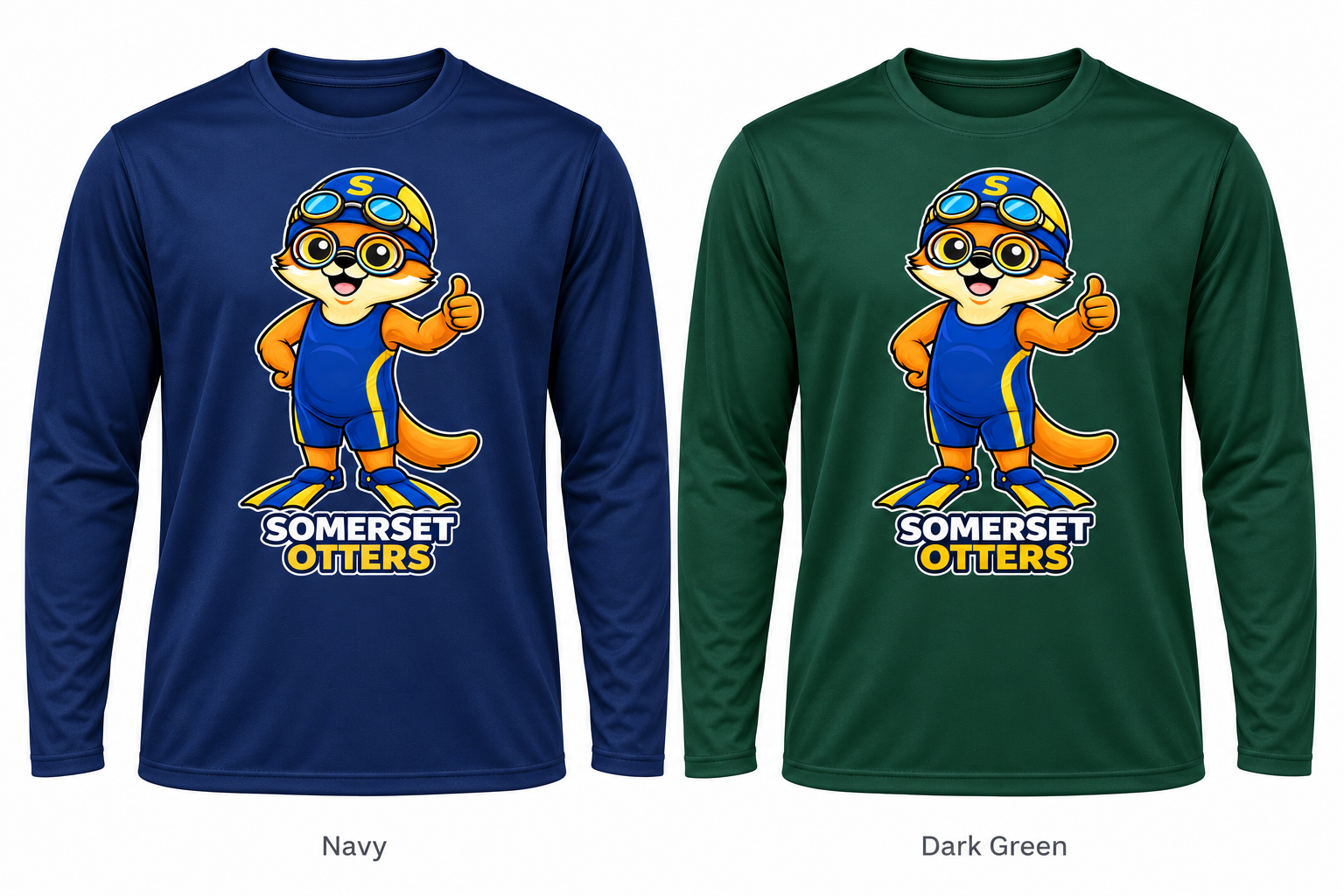 Somerset Avenir Swimming Long Sleeve Performance T-Shirt generated garment mockups in Navy and Dark Green; Dark Green is adult only.