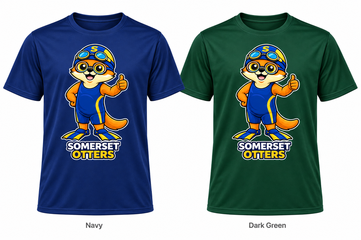 Somerset Avenir Swimming Short Sleeve Performance T-Shirt generated garment mockups in Navy and Dark Green.