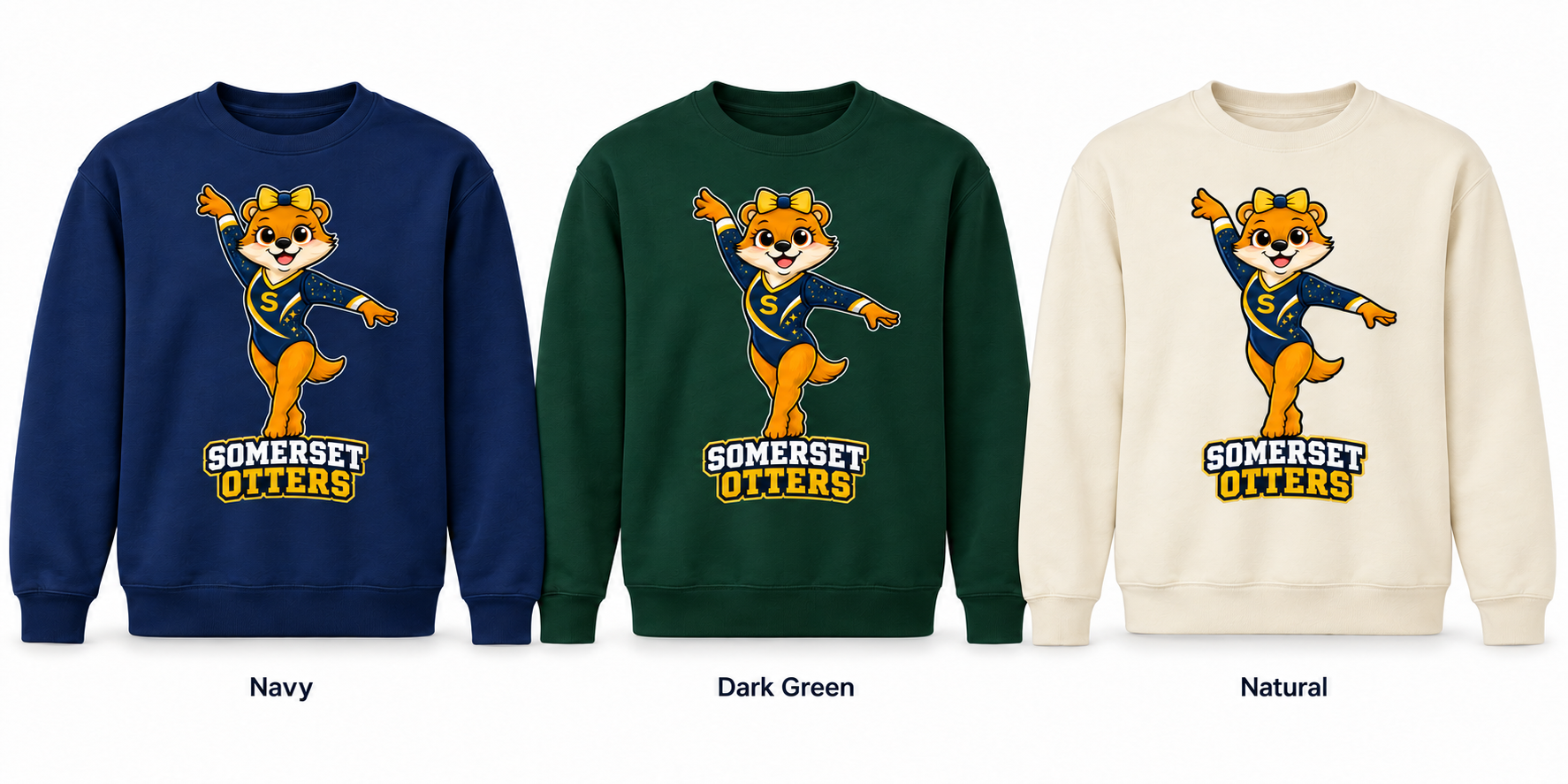 Somerset Avenir Gymnastics Crewneck Sweatshirt generated garment mockups in Navy, Dark Green and Natural.
