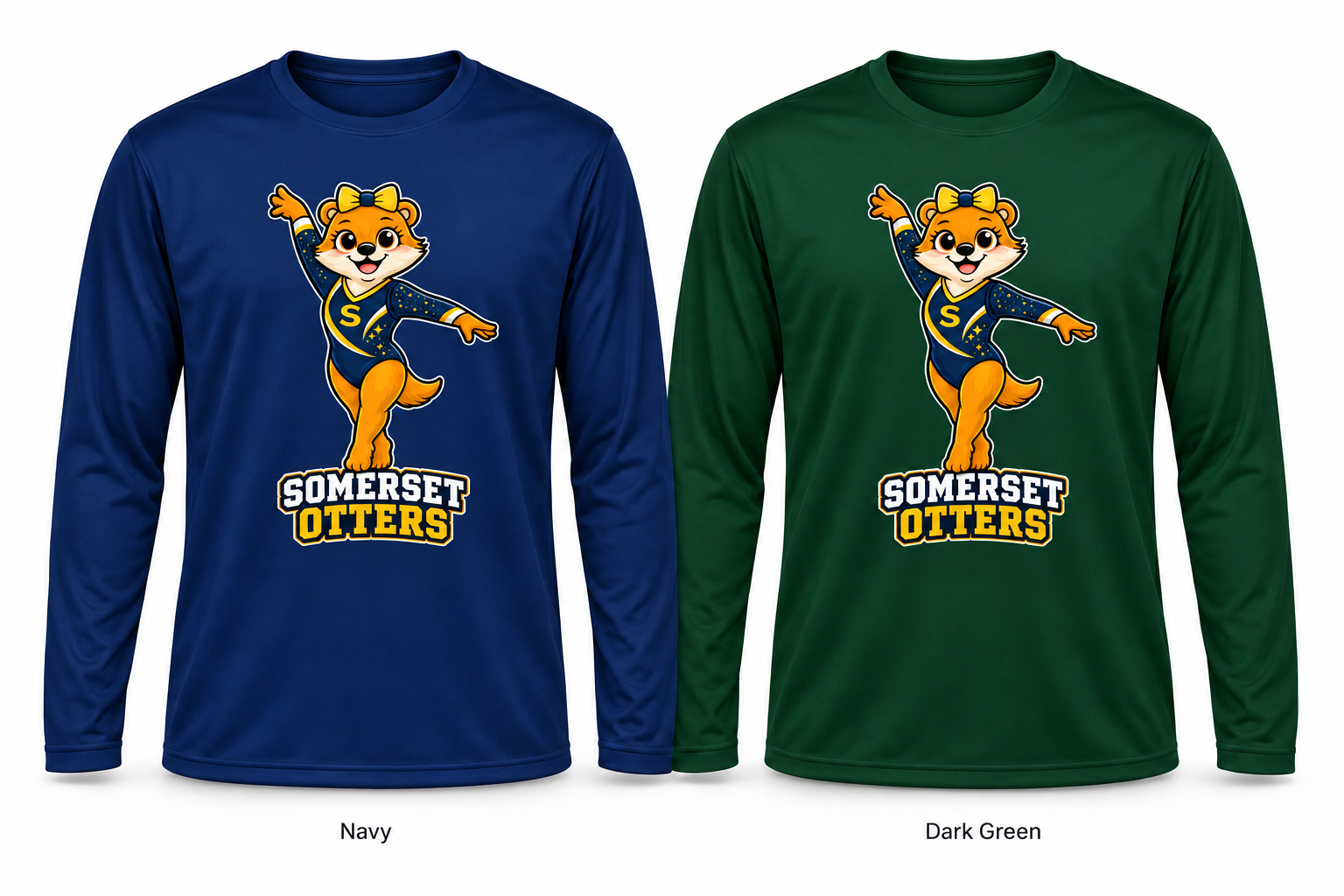 Somerset Avenir Gymnastics Long Sleeve Performance T-Shirt generated garment mockups in Navy and Dark Green; Dark Green is adult only.