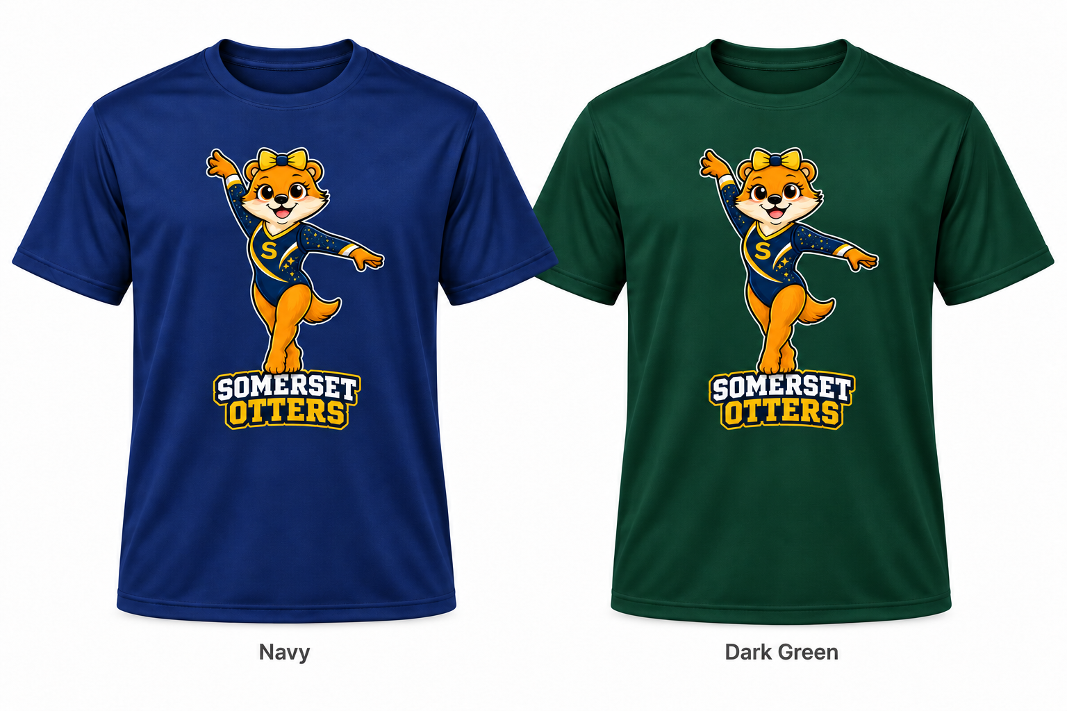 Somerset Avenir Gymnastics Short Sleeve Performance T-Shirt generated garment mockups in Navy and Dark Green.