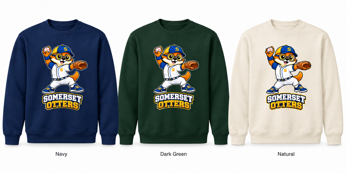 Somerset Avenir Baseball Crewneck Sweatshirt generated garment mockups in Navy, Dark Green and Natural.