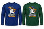 Somerset Avenir Baseball Long Sleeve Performance T-Shirt generated garment mockups in Navy and Dark Green; Dark Green is adult only.