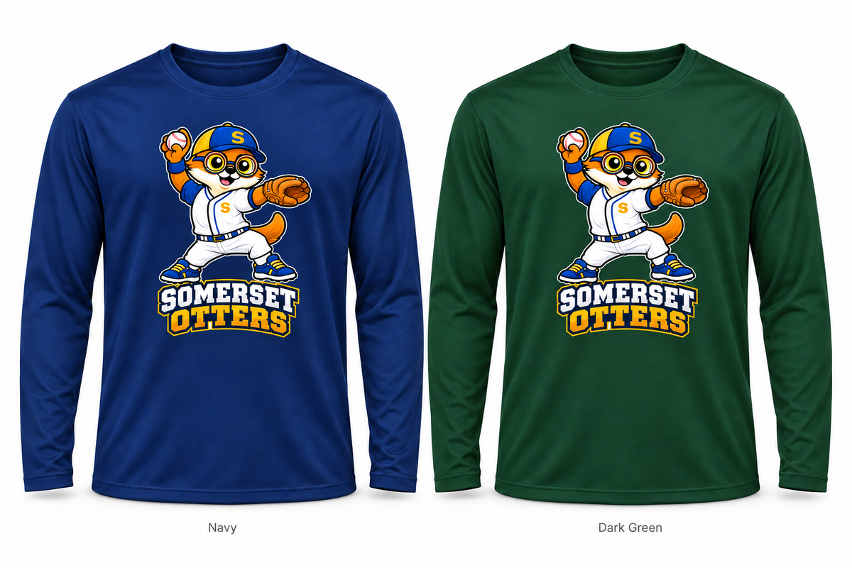 Somerset Avenir Baseball Long Sleeve Performance T-Shirt generated garment mockups in Navy and Dark Green; Dark Green is adult only.